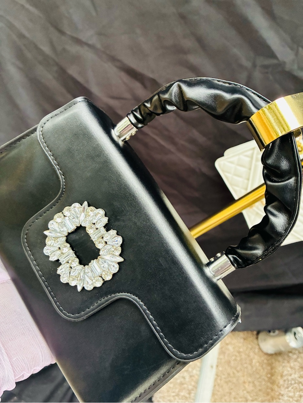 Black Women's Top-Handle Bag with Crystal Accent